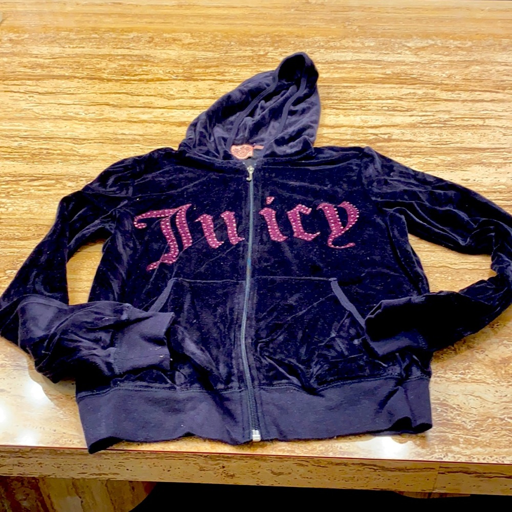 Juicy couture black velvet hoodie zipper front.